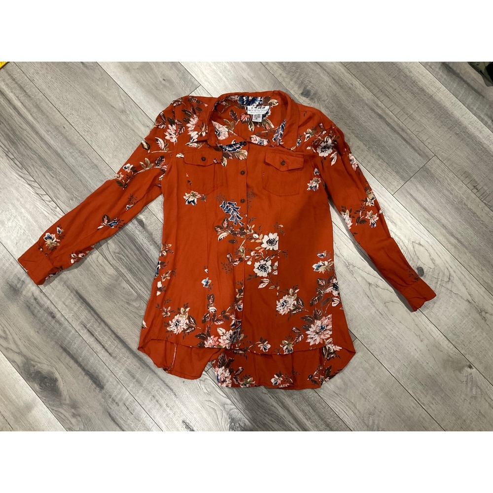 Back In The Saddle Floral Western Button Down Shirt Rust Orange Lace Up Back M